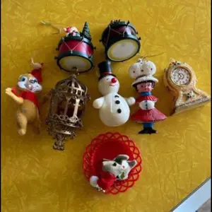 Lot of Vintage Flocked/Blow Mold/other Christmas Clock/Drum/Bird Cage Ornaments