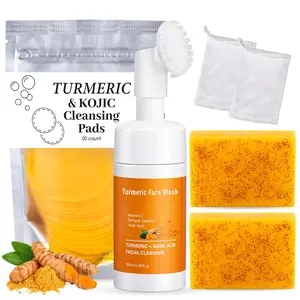 4Pcs Turmeric Face Wash Set: 2Pcs 70g Turmeric Kojic Acid Soap & Turmeric Face Wash with Brush & Turmeric Face Scrub Pads, Face & Body Cleanser, Cleansing Mousse for Deep Cleansing