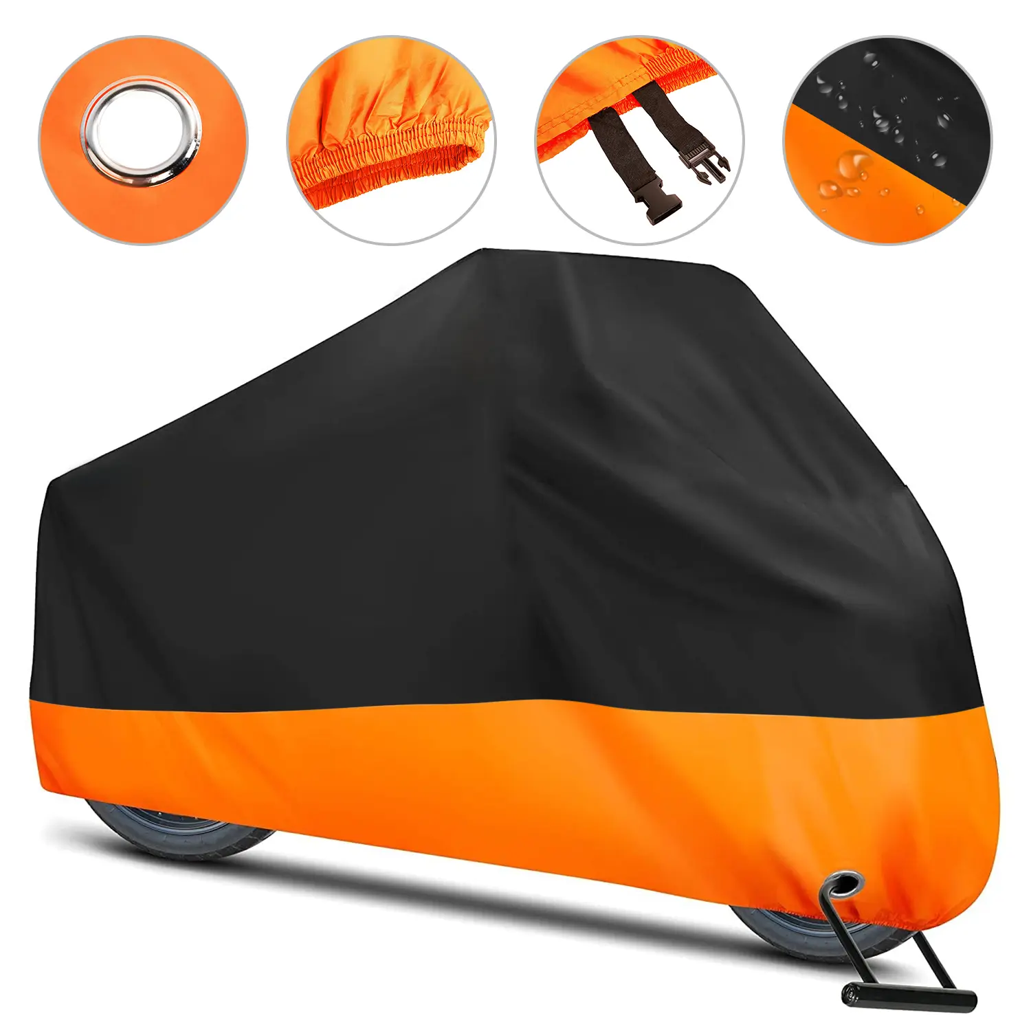 3XL Waterproof Motorcycle Cover with Lock Hole, Black Orange Two-Tone 190T Outdoor Bike Protector, Windproof Dust UV Snow Rain Shield for Motorcycles & Scooters