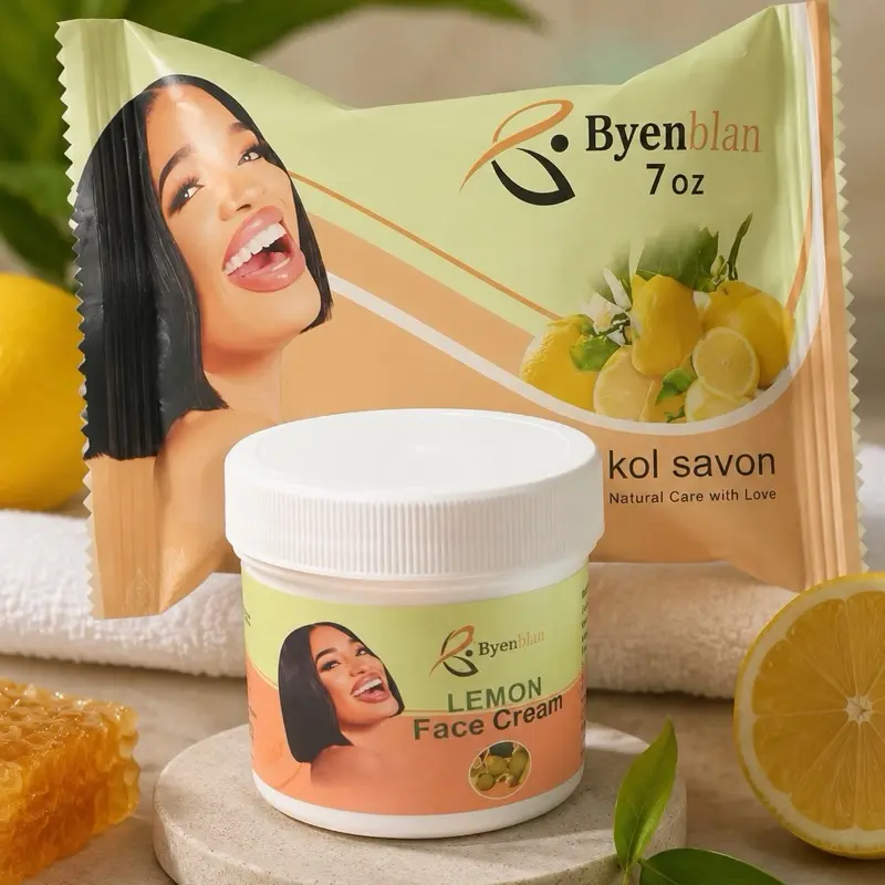 Byenblan lemon citrus fanm andeyo grimel dyol nwè  Face & BodyCare Set – Soap (7oz) + Face Cream (2 oz) Drench Jet