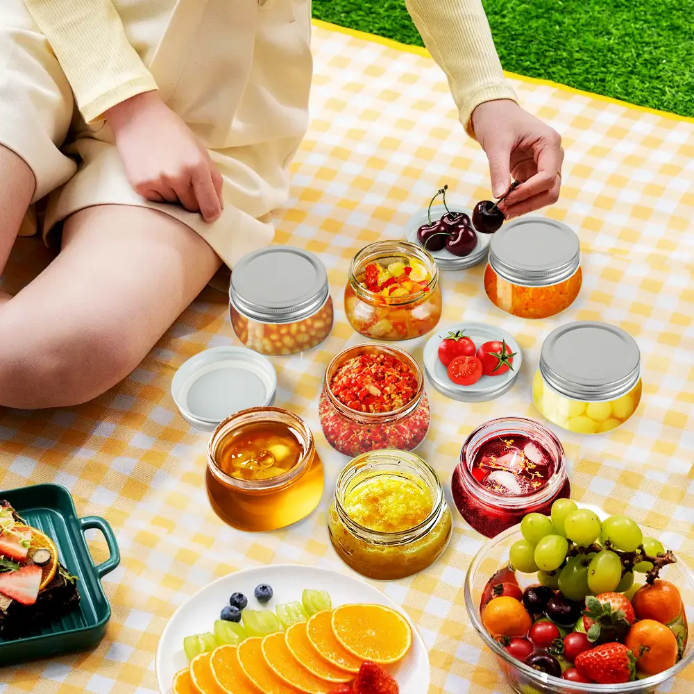 MGKKT Wide Mouth Glass Mason Jar Pitchers Set (12-Pack, 4 oz) - Heavy-Duty Kitchen Leakproof Container, Food Storage Jars with Filter Lids for Water, Juice