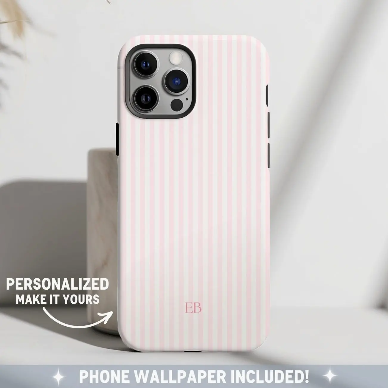 Personalized Pink Phone Case Custom Monogram iPhone Case, Aesthetic Pink, Blue, Beige Striped Phone Case, Summer Coastal Phone Case Preppy Phonecase Beachy