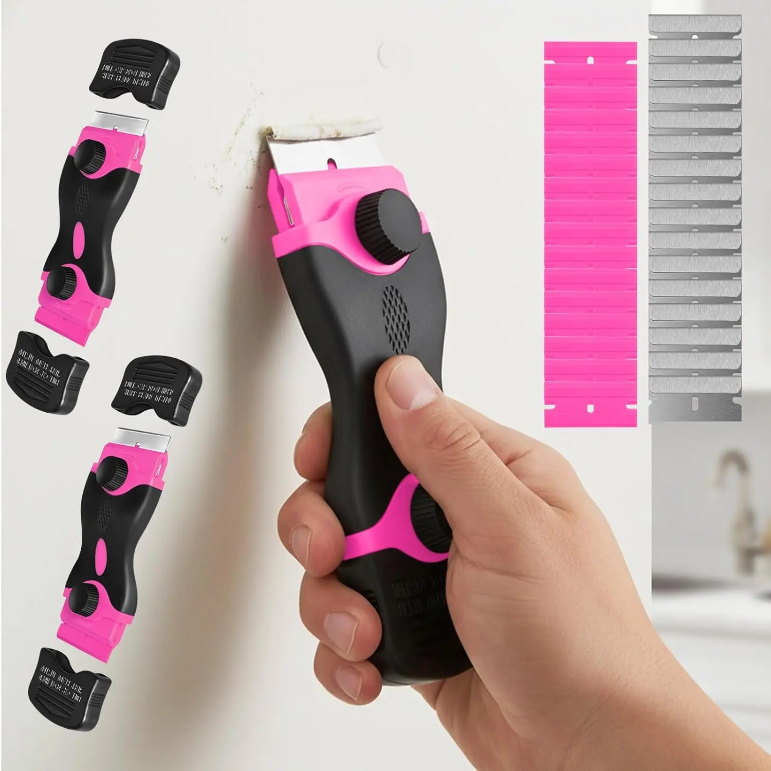 Pink Razor Blade Scraper Tool Set, for Glass, Stove Top, Oven Door & Window Label Removal, 2 Pack 2-in-1 Cleaning Scraper with 40 Replacement Blades, Practical Stain Remover Tool Ideal Gift for Women