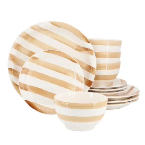 Gibson Home Kenwood Shores 12-Piece Glossy Round Rustic Dinnerware Set - Casual Dinner Sets, Sand Stripe Design (Model 148492.12)