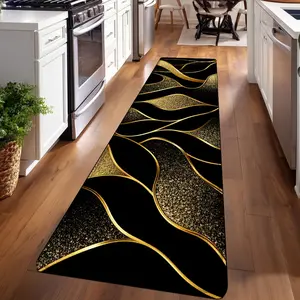 1PC, Black and Gold Curved Texture Patterned strip rugs, Modern abstract rug, Decorative rug, home décor, bathroom mats, entryway mats, bathroom non-slip mats, bedroom bedside mats, kitchen mats, hallway rugs, flannel sponge rugs, hallway runner rugs