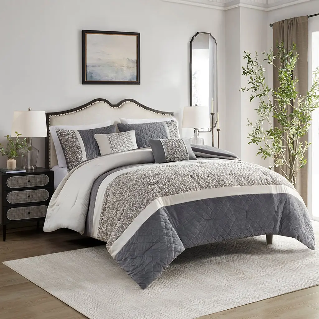 360 Stand 5-Piece Amelia Textured Jacquard Stripe Comforter Set - Modern, Soft Bedding, Hypoallergenic Transitional Boucle Weave, 104x92x1.5in, with Throw Pillows, Grey for King & California King Beds, Modern Bedding Set, Soft Bedding Set
