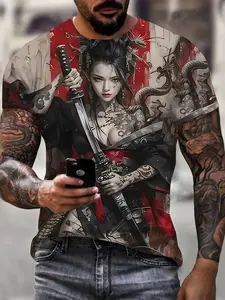 3D Graphic T-Shirt - Japanese Samurai and Kimono Design, Casual Polyester Crew Neck Fitted T-Shirt, Machine Washable, Adult Summer Streetwear, Streetwear Fashion, Top, Tee | Samurai Print Shirt | Polyester Fabric