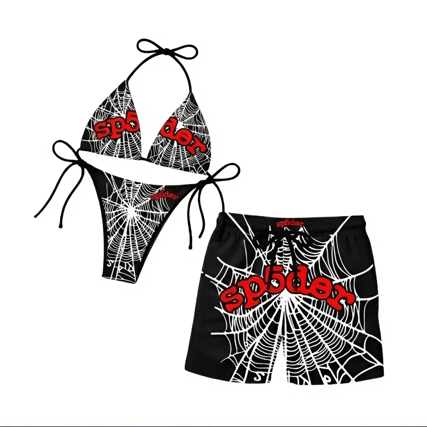 Couples Matching Spider Web Swimwear Set – Y2K Goth Bikini and Men’s Beach Shorts for Vacation & Pool Party