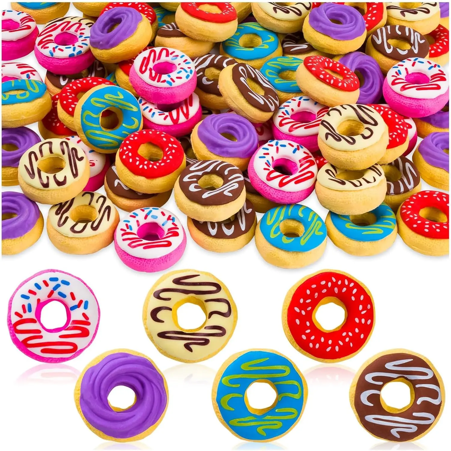 Cute 3D Donut Mini Erasers, 100 Pieces - Novelty Pencil Erasers for Candy Party Favors & Art Supplies