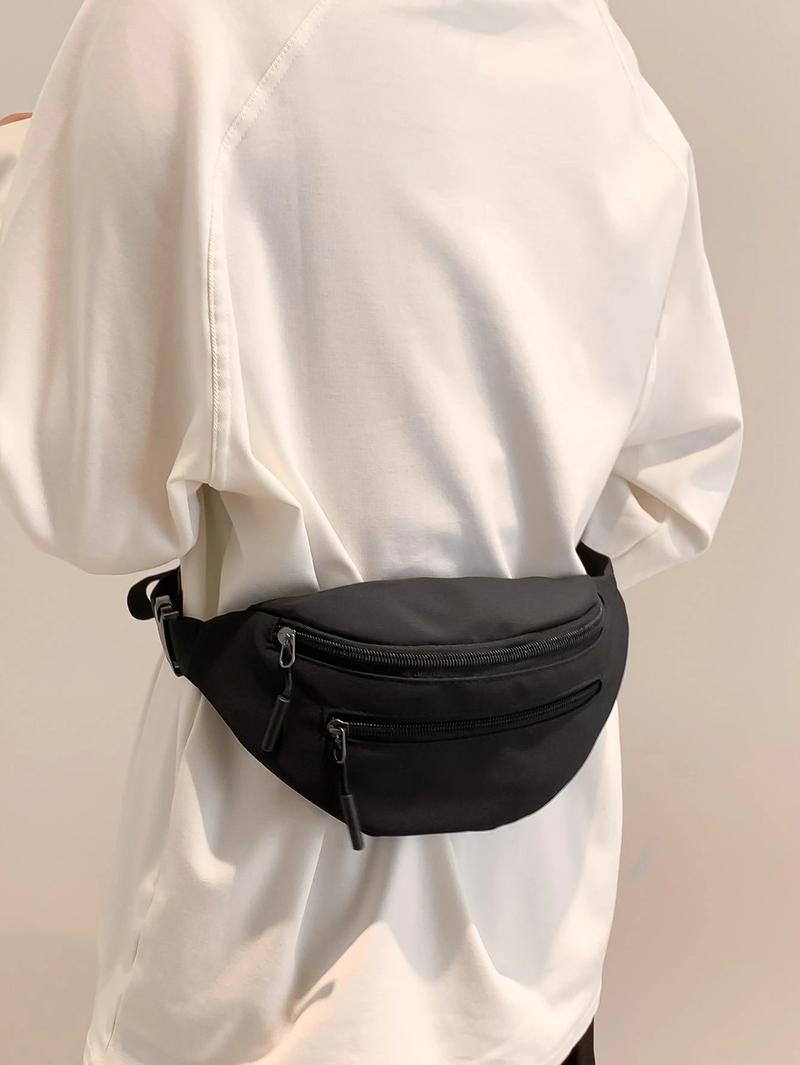 Men's Minimalist Black Nylon Crossbody Chest Bag, Zippered Front Pocket with Adjustable Waist Strap, Lightweight Fanny Pack for Travel, Sport, and Commute