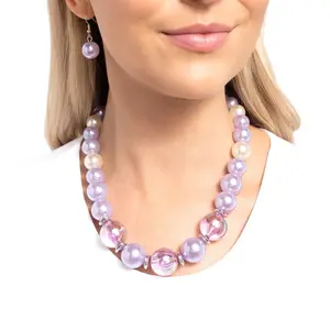 Paparazzi Accessories Just Another Pearl Purple Plastic Necklace with Silver Discs and Iridescent Beads