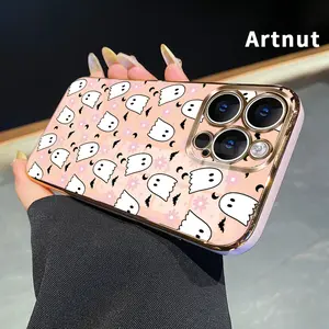 Luxury Plating TPU Mobile Phone Case for iPhone 16 Pro Max 15 14 Plus 13 12 Mini 11 Promax X XS XR xsmax Ghost Floral Pattern Classic Square Deisgn Lightweight Soft Cellphone Cover for Boy
