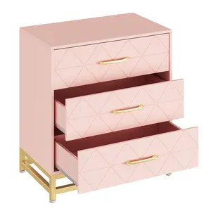 3 Drawer Dresser, Wood Chest Drawers with Storage for Closet, Bedroom, Drawers Dresser Modern Bedside Nightstand with Gold Handles, Pink