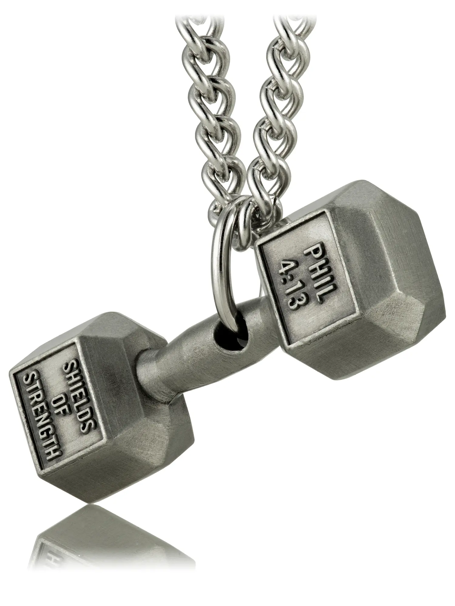 Shields of Strength Men's Antique Finish Dumbbell Necklace | Phil 4:13