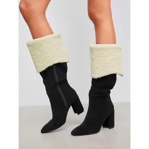 Cider [2 colors, size 6-11] SUEDE & FUZZY CHUNKY HEEL KNEE HIGH BOOTS