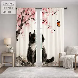2Pcs Japanese Style Cherry Blossom Cat Butterfly Print Sun Blocking Curtains Digital Printed Rod Pocket, Window Treatment For Bedroom Office Kitchen Living Room Study Home Decor