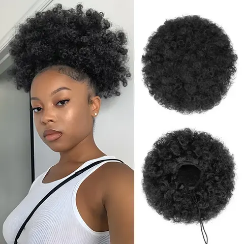 Black Women's Fluffy Afro Kinky Curly Ponytail Extensions - Premium Synthetic Fiber Hairpieces, Adjustable Drawstring Casual Afro Bun, Puff Shape Hair Extensions Ponytail for Daily Use,sohochic