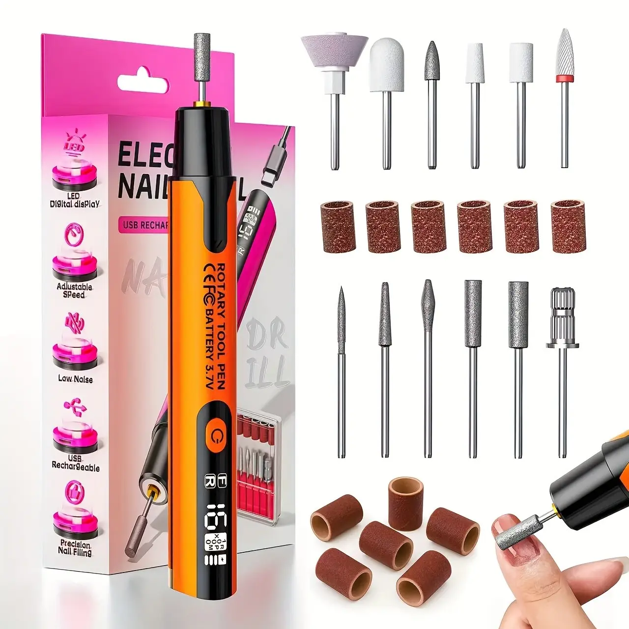 Professional Electric Nail Drill with LCD Display, USB Powered, 6 Speeds, Brushless Motor, 6 Polishing Heads, Portable for Salon and Home Use Manicure Nail Grinding Tool Nail Art Tool Nail Drill Bits Nail Care, Nail Drilling Machine