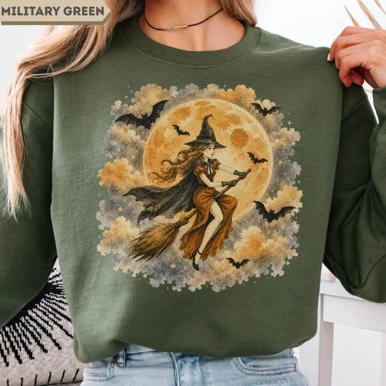 Vintage Witch Flying Full Moon Sweatshirt, Spooky Halloween Crewneck