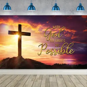 Christian Cross Resurrection Backdrop Religious Celebration Photography Background, Faith Tapestry Wall Hanging, Premium Polyester Party Banner For Church Studio Decor, Easter Event Supplies
