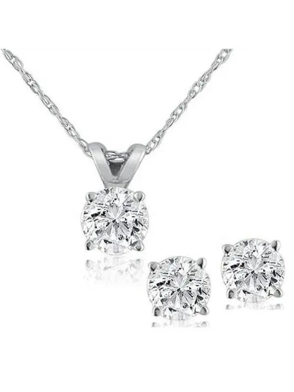1ct Diamond Solitaire Necklace & Studs Set 14K White Gold 1ct Diamond Solitaire Necklace & Studs Set 14K White Gold