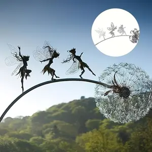 Metal Outdoor Statue of Fairy and Dandelion, Rust-Resistant All-Season Wall Decor, Garden Patio Art, Artistic Garden Decoration, Romantic Gift for Valentine's Day