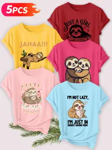 5pcs Women's Crew Neck T-Shirt, Cute Sloth Print, Multiple Colors Available, Machine Washable, Spring & Summer Top, Soft Skin-Friendly Fabric, Daily Versatile, Fashion Design