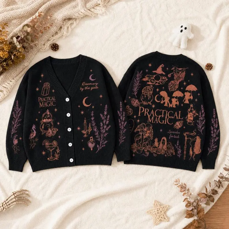 Vintage Halloween Knit Cardigan, Practical Magic Inspired Sweater, Cat Ghost Witch Cardigan, Cozy Fall Holiday Outfit, Spooky Season Gift