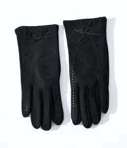 Black Leather Bow Lined Texting Gloves