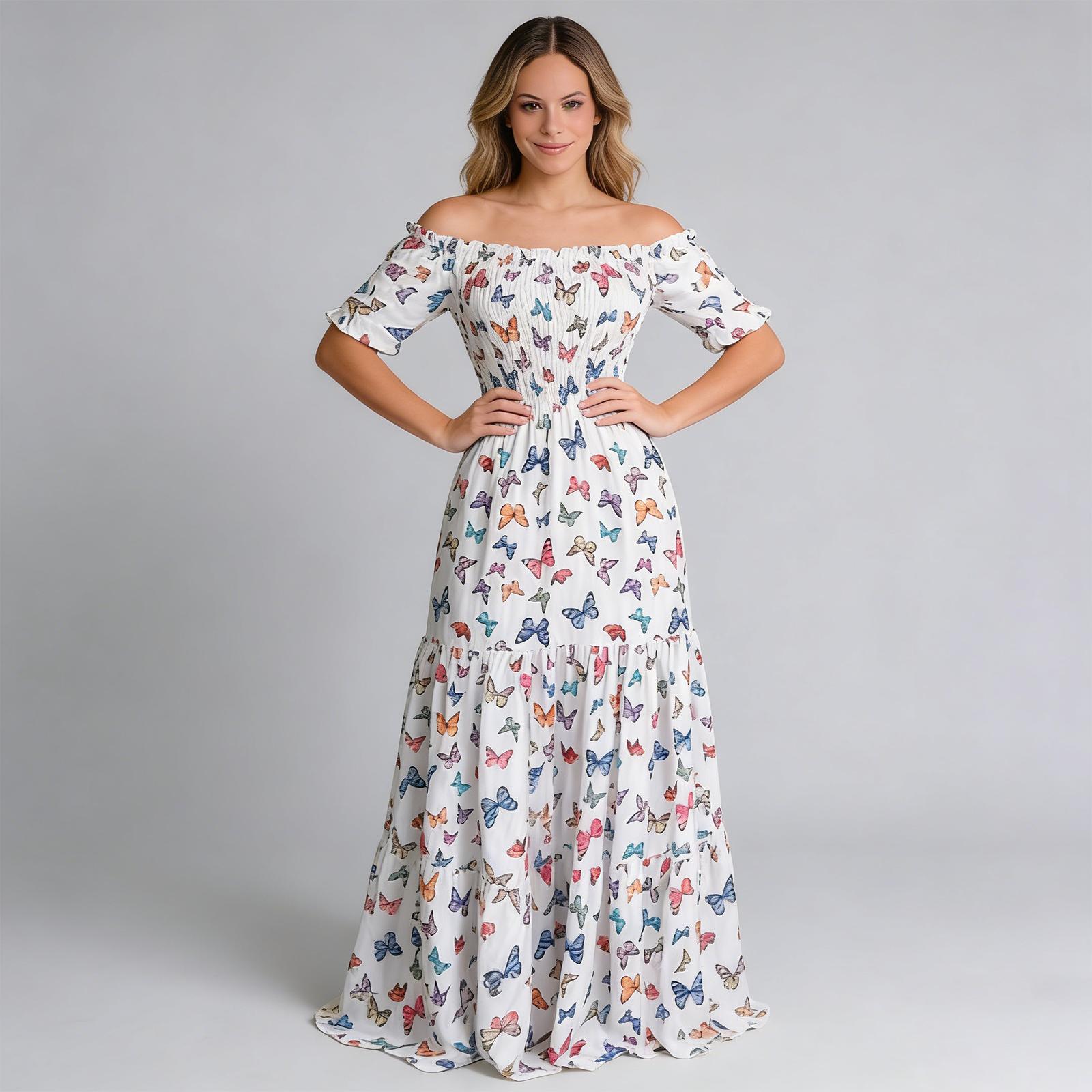 LikeMychoice Women's Off Shoulder Ruffle Long Dress Tropical Print Vacation Maxi Dress Casual Womenswear