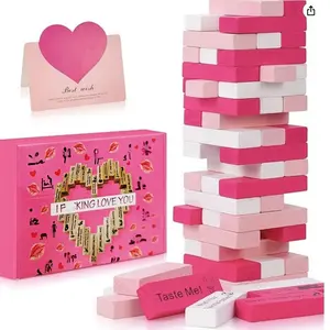 54 Piece Block Tower Jenga Game Colorful Couple Dating Blocks Romantic Date Night Challenge Perfect Valentine's Day Gift Wooden Block Premium Pine & Paulownia Multilingual Fun