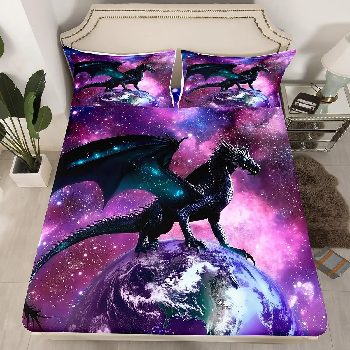 Dragon Bedding Set Purple Nebula Fitted Sheet Mysterious Outer Space Bed Cover Trippy Bedding Set Room Decor,Safari Wildlife Animals Bed Set