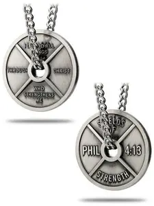 Men's Antique Finish Weight Plate Necklace | Inscribed with Phil 4:13 Bible Verse