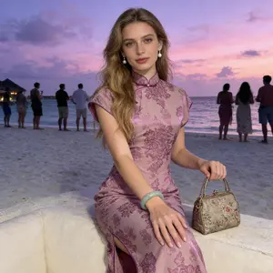 Dusty Pink Purple Peony Jacquard Improved Qipao Elegant Vacation Long Dress