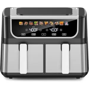 9.5L Large Capacity Double Basket Air Fryer with Independent Dual Zone Temperature Control, 10 One-Touch Preset Cooking Modes, Sync Finish and Match Cook Functions, Stainless Steel Non-Stick Baskets