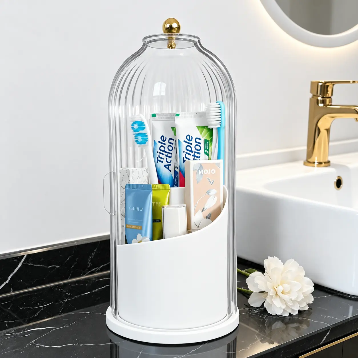 Dustproof Rotating Bathroom Organizer with Cover,360° Spin Toothbrush Holder with 3 Compartments for Toothpaste and Cosmetic Brushes,Space Saving Vanity Caddy with Base,Countertop Storage for Bathroom,Dorm and Apartment,4 Colors White Black Gray Green