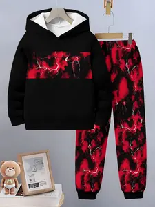 Boys' Lightning Bolt Printed Set, Hooded Sweatshirt & Drawstring Pants, Casual Fall Winter Clothing