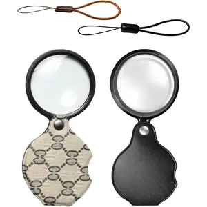 2 count 15X Magnifying Glass Loupe Small Pocket Magnifying Lenses Glass Protective Holster Leather Lanyard for Seniors Reading Inspection  Hobby  or Exploring (Black + Beige Print)