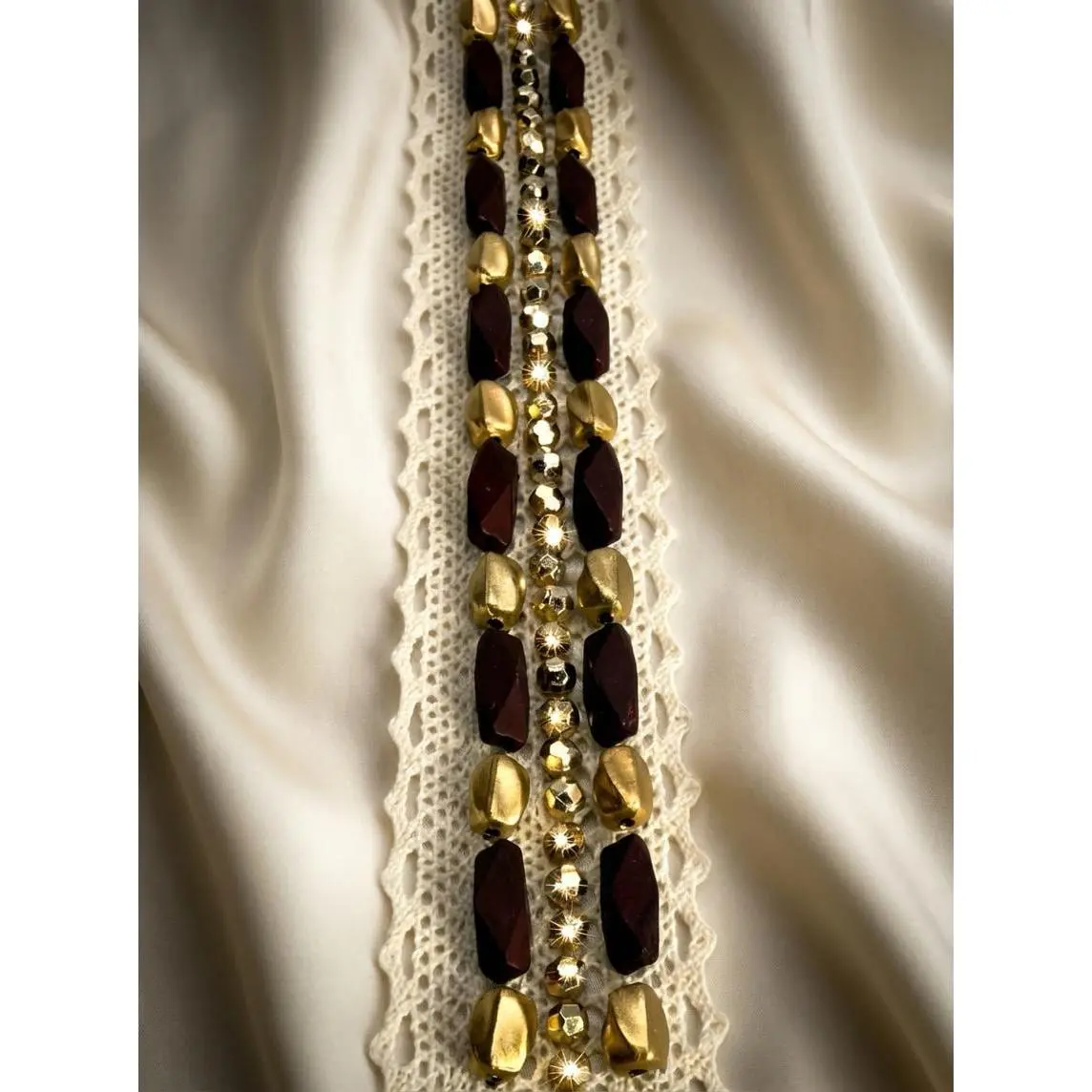 Matte Gold and wood-look  Beaded Trim on Ivory cotton Lace with DIY Self Adhesive and Sew on