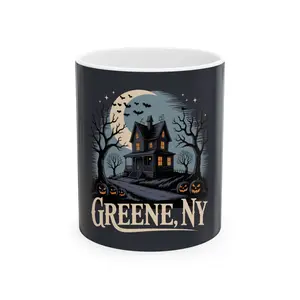 Spooky Greene, NY Ceramic Mug | Halloween Coffee Cup, Gothic Drinkware, Fall Decor, Unique Gift, Haunted House Design