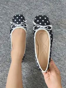 Women's Summer Polka Dot Bow Ballet Flats, Slip On Flats, Low Top Square Toe Casual Shoes, Rubber Sole, Spring & Fall Fashion