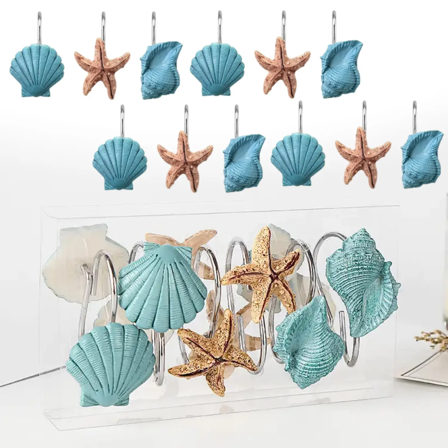 12Pcs Shower Curtain Hooks Rings Pearl Shine Seashell Shower Ring Anti Rust Decorative Shower Hooks for Beach Bathroom, Bedroom, Living Room Décor - Home Improvement.