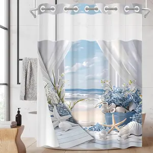 1PC 2D Flat Fresh Coastal Window View Shower Curtain, Seashell Hydrangea Design, Waterproof & Detachable Liner, Bathroom Curtain (No Hooks)