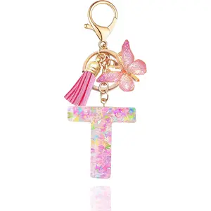 Initial Letter Keychains for Women Purple Pink Keychain with Butterfly Purse Charms for Handbags Cute Tassel Keychain
