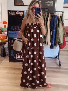 Women's Summer Boho Polka Dot Maxi Dress, Casual Chic Sleeveless Adjustable Strap Beach Vacation Dress, Fashion Pockets Loose-Fitting Long Dress, Bohemian
