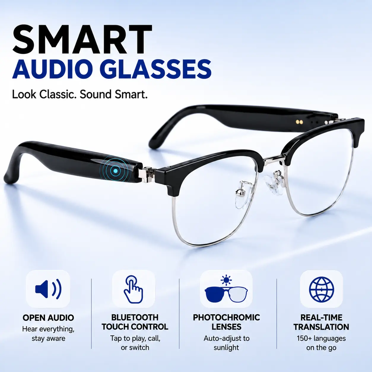 AI Smart Audio Glasses, Open-Ear Bluetooth Speakers, Touch Control & Photochromic Lenses for Travel & Outdoor