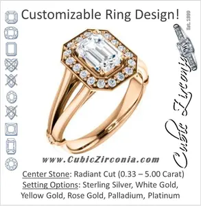 Cubic Zirconia Engagement Ring- The Madison Taylor (Customizable Radiant Cut Halo Design with Split Band and Dual Round Side-Knuckle Accents)