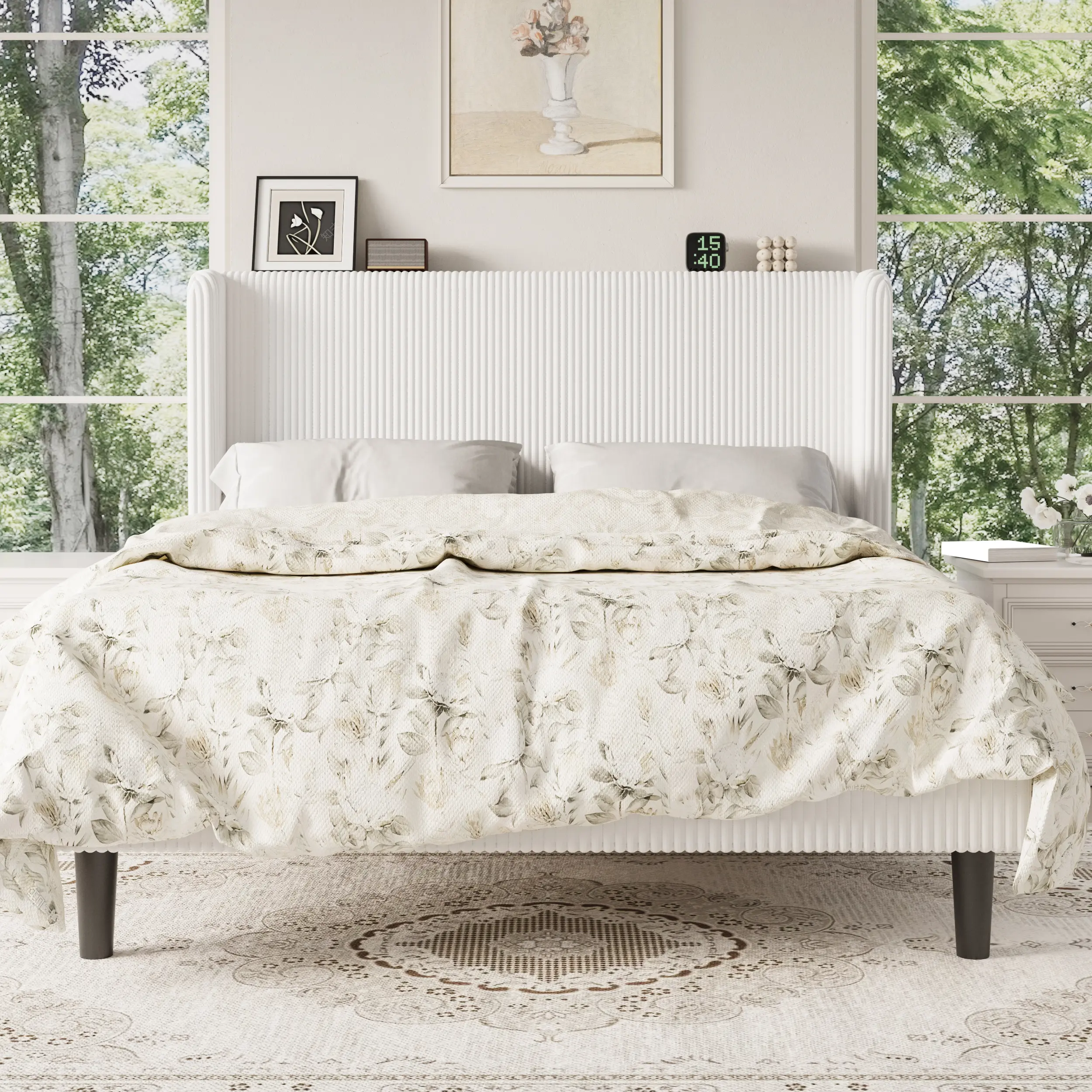 【Clearance Sale】HOOMIC Upholstered Wingback Platform Bed Frame【Frame Only No Mattress】with Vertical Channel Tufting Full Queen King Size Corduroy Platform Sturdy Wood Slat Support ,No Box Spring Required ,White Black Blue Pink Grey Green#SummerVibes