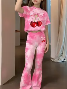 Four Seasons Toddler Girl Pink Tie Dye Pants Set | Cherry Bow Print Loungewear | Soft Short Sleeve T-Shirt & Flare Pants 2-Piece Set, Summer Outfits Set – Perfect for Outdoor Sports & Casual Wear, Ideal Easter Gift, Casual Outfit Set