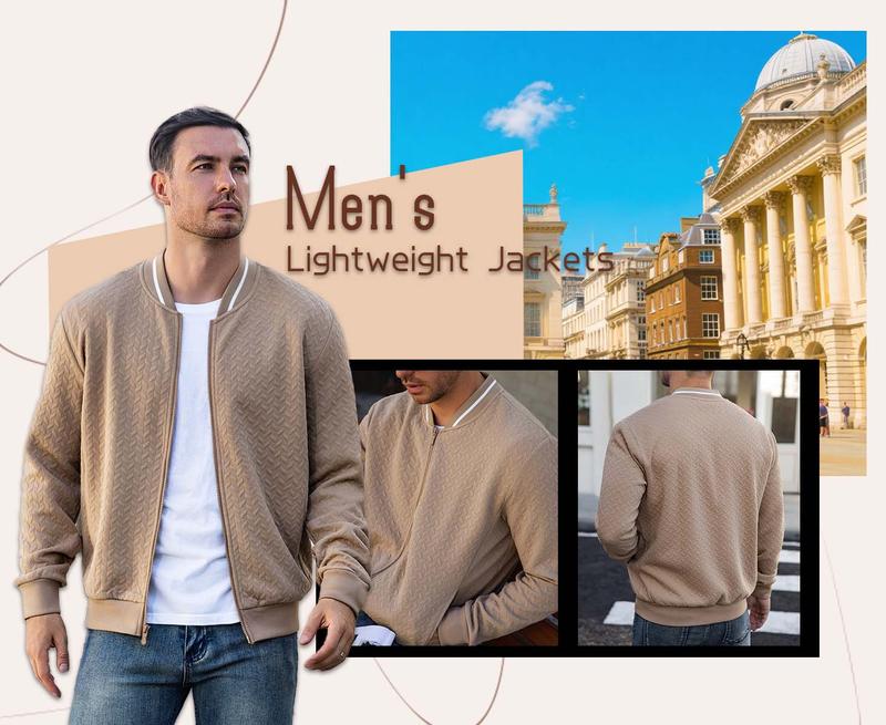 Zaitun Men's Lightweight Varsity Flight Bomber Jacket - Zip-Up Stand Collar, Casual Fall Winter Outerwear, Black & Beige, Long Sleeve, Plain Design, Menswear Tops, Medium - Coat jackets  for  men